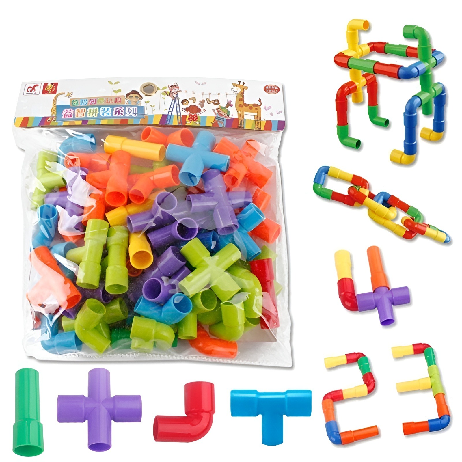Colorful Creative Pipe Puzzle Building Blocks for Kids - STEM Educational Play, DIY Construction, and Assembly Game - Multicolor Pipe Blocks Set with Wheels