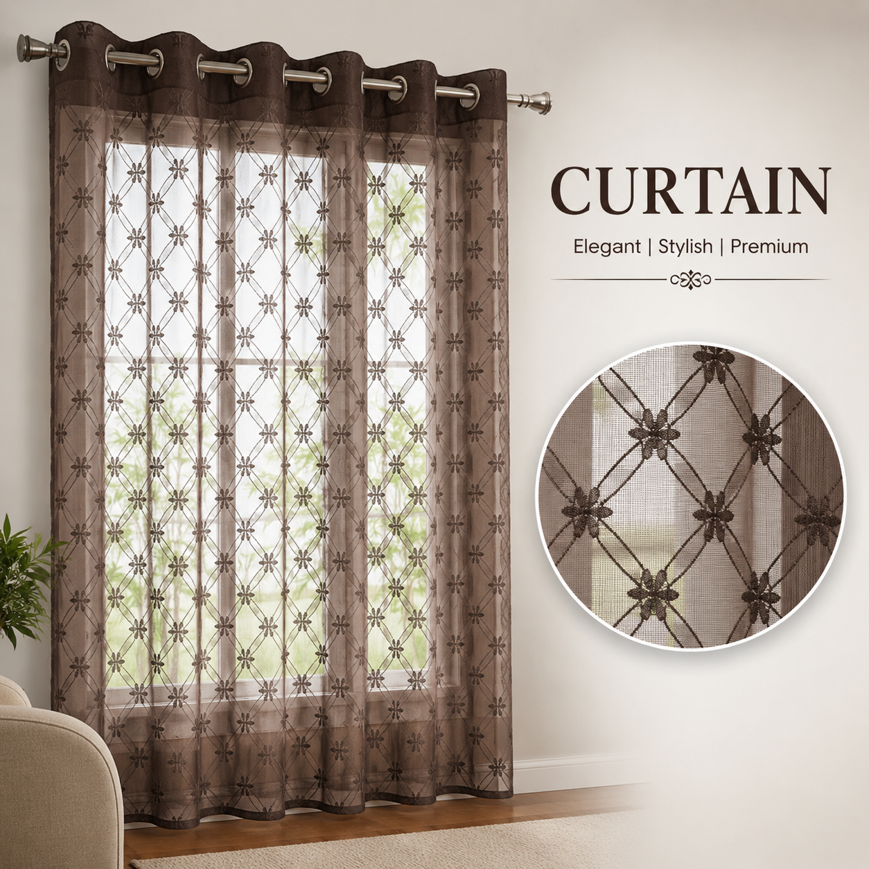 Luxury Sheer Net Curtains for Living Room, Bedroom & Balcony - Transparent Flower Printed Window & Door Curtain Panel with Eyelet Rings by Ashrafsons lnn