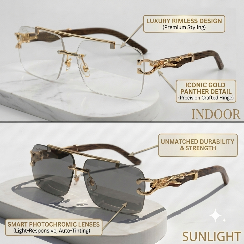 UrbanHive.pk All-Season Outdoor Premium Polycarbonate & TR90 Frame Rimless Photochromic Color-Changing Eyewear Sunglasses for Men & Women - Luxury Cheetah Style Solar Magic Glasses for Girls & Boys - Unisex Frameless Shades for Ladies