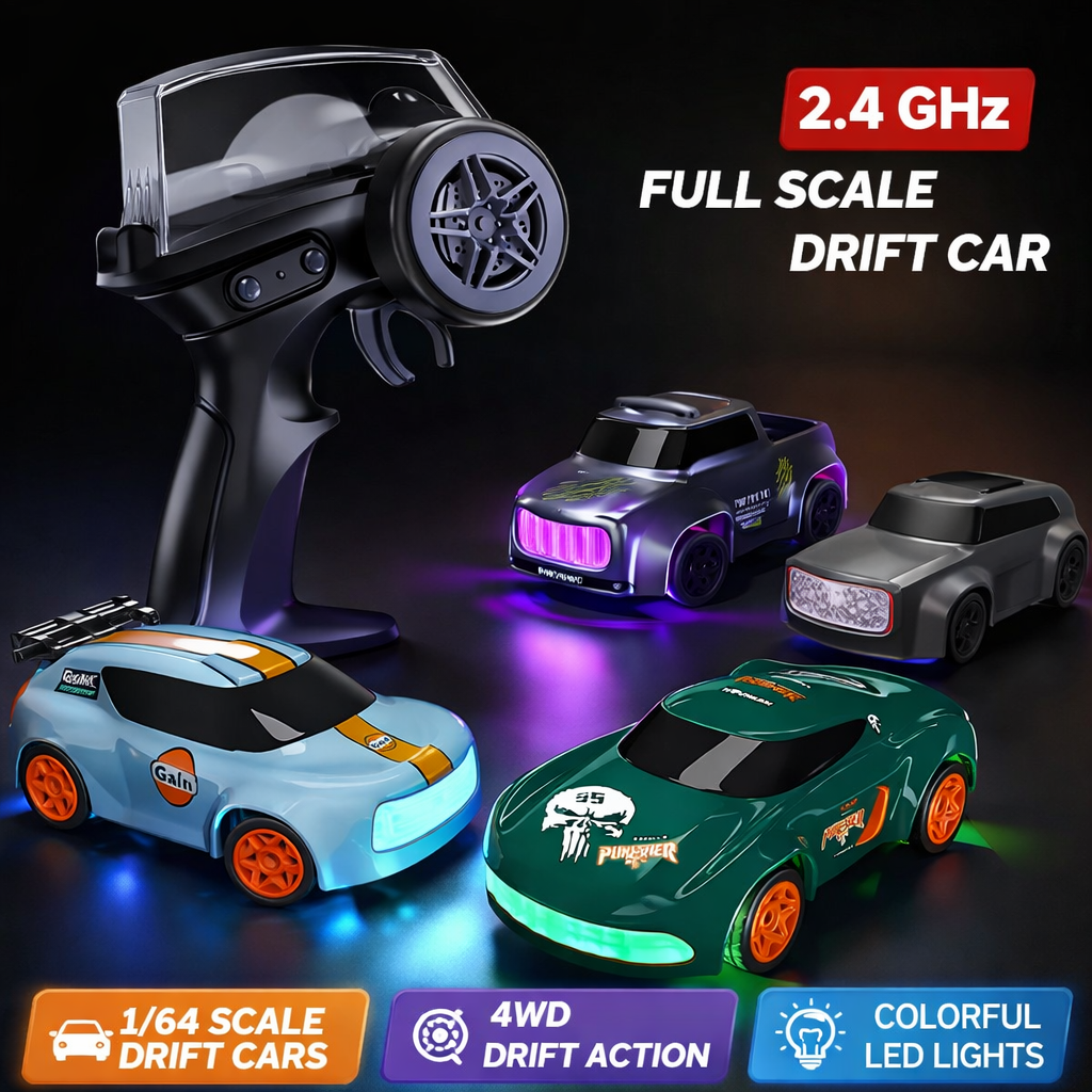 Lighting Mini Desktop Drift RC Car 1/64 Scale 4WD | LED Remote Control Drift Car | Rechargeable Mini RC Racing Car Toy for Kids & Adults