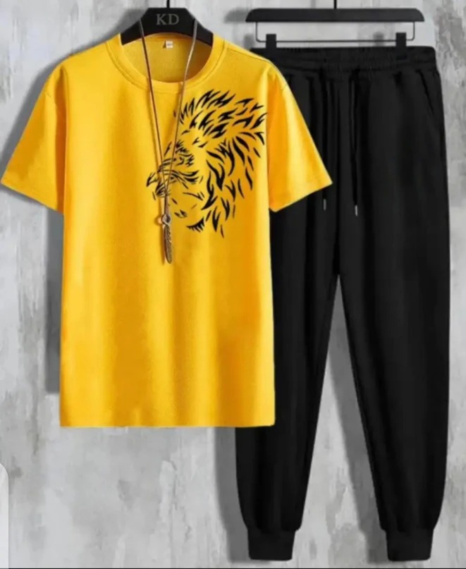 New Side Lion Face Printed Cotton Half Sleeves O Neck T shirt & Trouser For Men & Boys