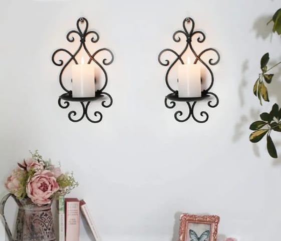 Wooden Wall Candle Sconce Holder Set of 2, Black, 8x6 Inches, Wall Mounted Home Decor for Bedroom and Dining Room (Light Not Included)