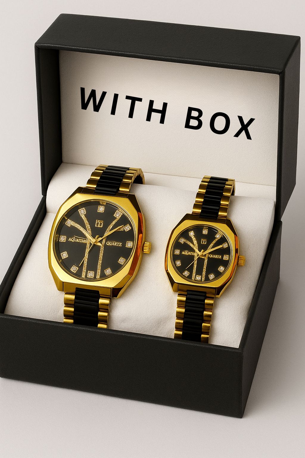 Premium Couple Watches with Gift Box | Stylish Black & Golden 2 Pcs Pair Watch Set for Couples | Elegant Pair Watches for Girl & Boy | Perfect Couple Watch Combo for Anniversary & Special Gift