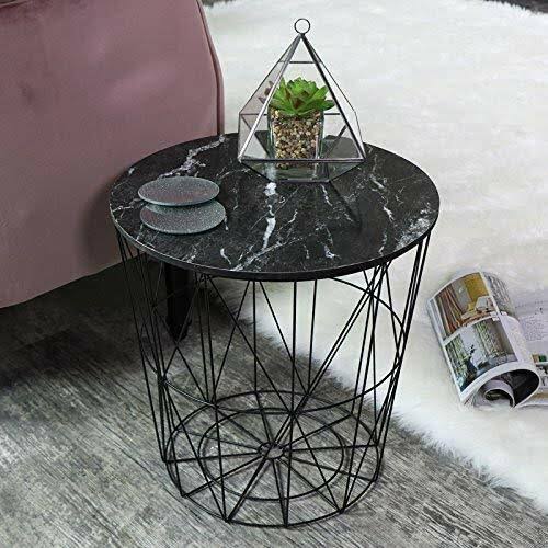 METAL WIRE REMOVABLE WOOD TOP, ROUND COFFEE SIDE TABLE STORAGE BASKET
