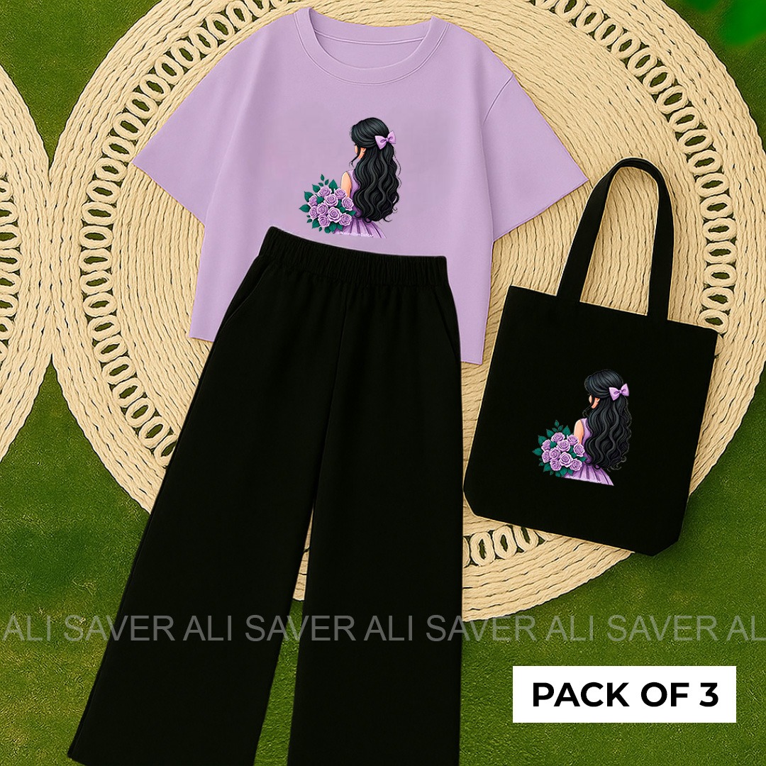 Girls & Women Clothing Set | Pack of 3 Casual Crop Top, Pants & Bag