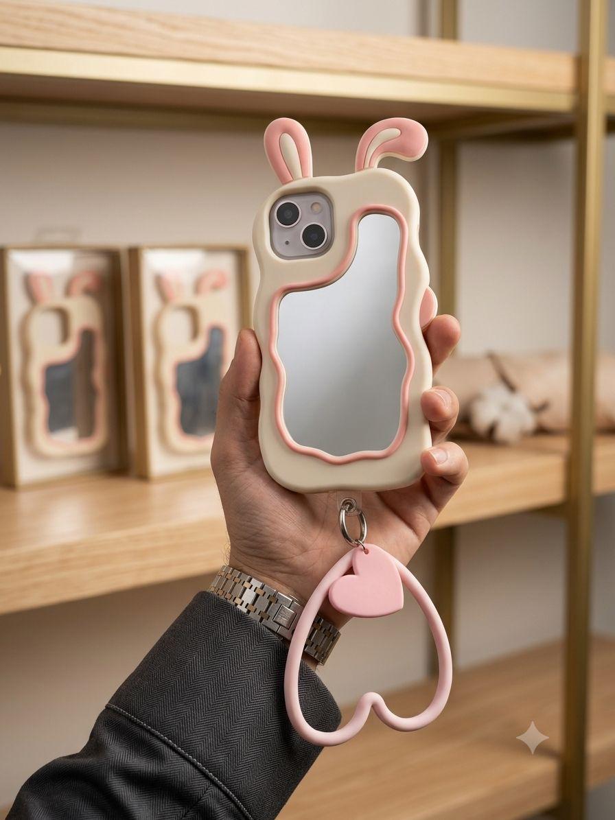 Cute Rabbit Mirror Phone Case | Soft Silicone Protective Phone Back Cover with Makeup Mirror