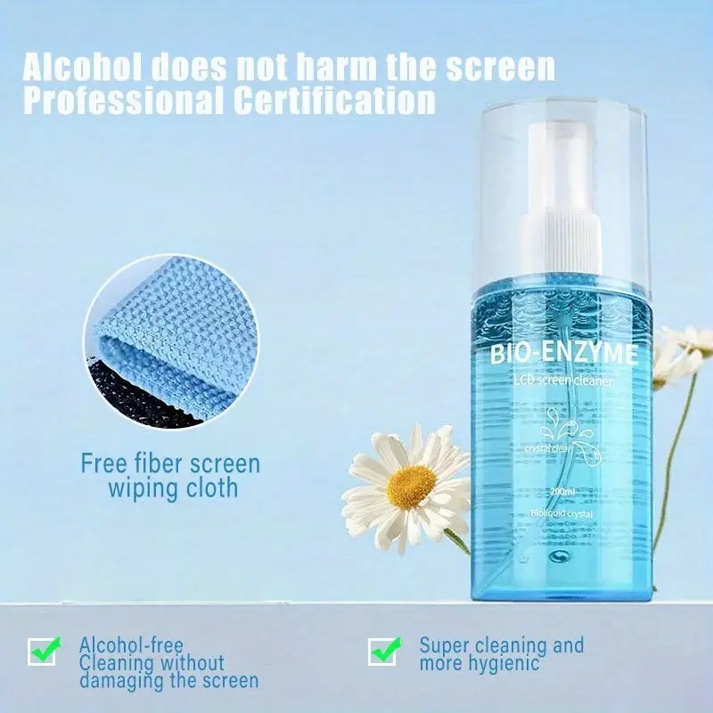 200ml Bio-Enzyme Lens Cleaner Kit with Microfiber Cloth & Soft Brush for All Digital Screens, Anti-Static & Streak-Free