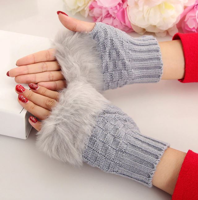 ENRAX CART Winter Solid Color Faux Rabbit  Gloves Arm Sleeve Cover Warmer Fingerless Wrist Gloves Knitted Mitten Fashion Women Gloves