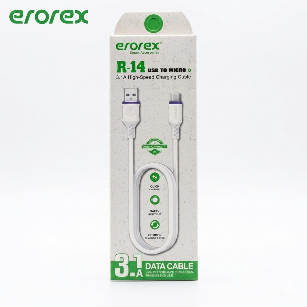 erorex R-14 Micro USB Data Cable - 3.1A Fast Charging - High-Speed Data Sync - White