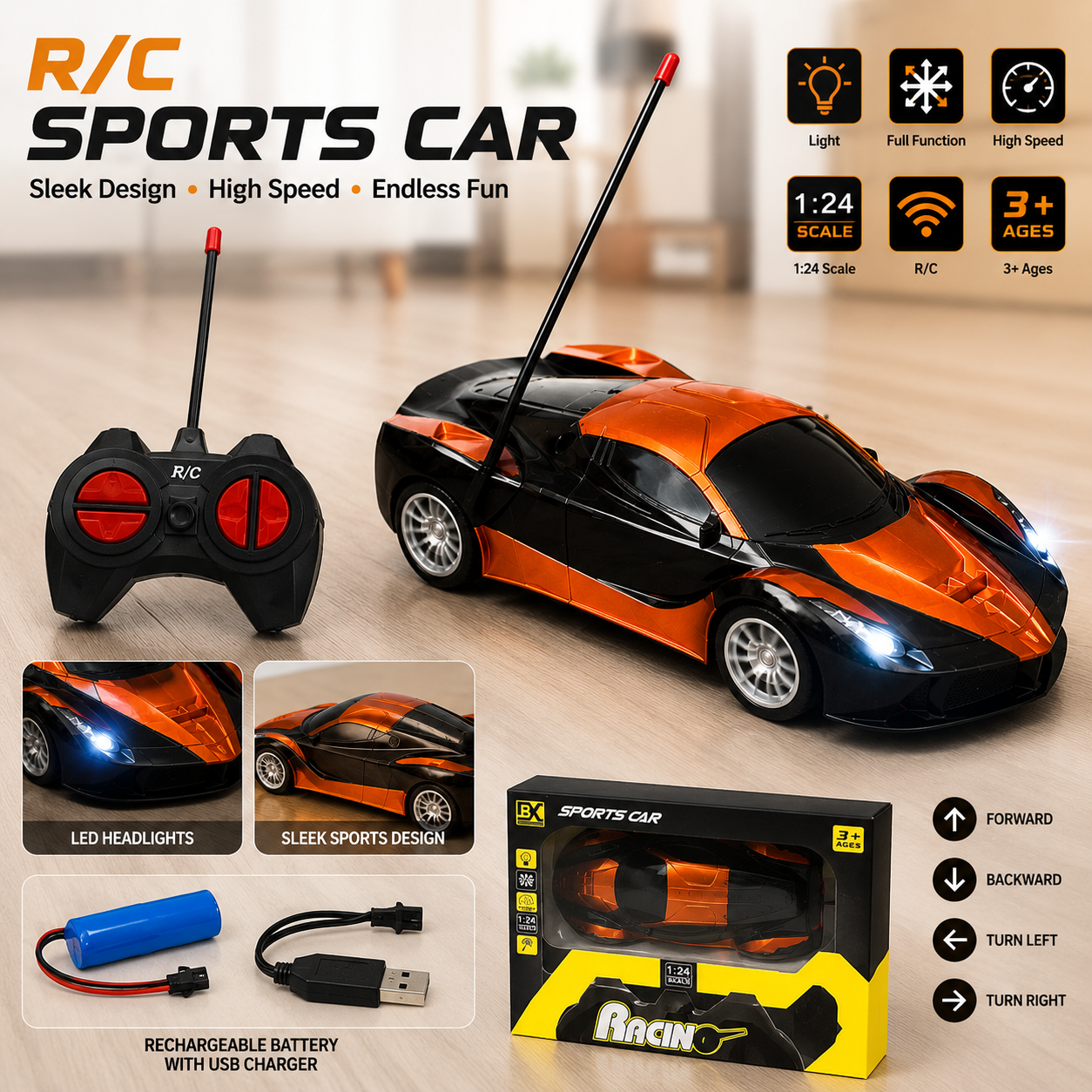 1:24 Scale Rechargeable Remote Control Racing Car for Kids, Full Function RC Sports Car with Charger, Safe Toy Gift for Ages 3 and Up, RC racing car for kids, rechargeable RC car with USB charging, mini RC sports car toy, remote control car for boys.