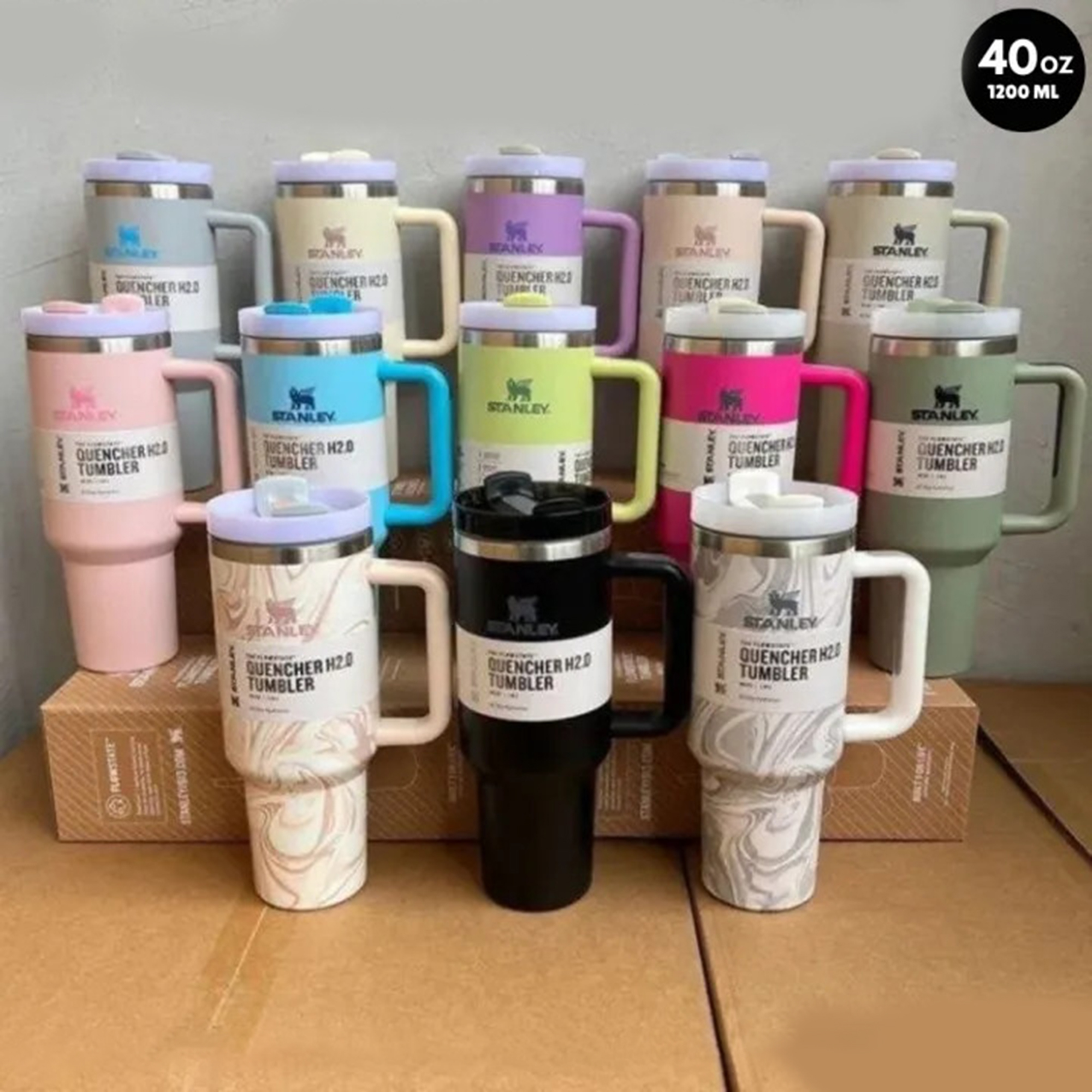 1200ml Stainless Steel Stanley Tumbler with Handle and Straw for Hot & Cold Drinks 40oz - Vacuum Insulated Steel 304 Quencher Cup - Large Capacity Drinkware Water Bottle Thermos - New Style Stanley Tumbler, Travel Cup for Travel, Sports, Office, Kids