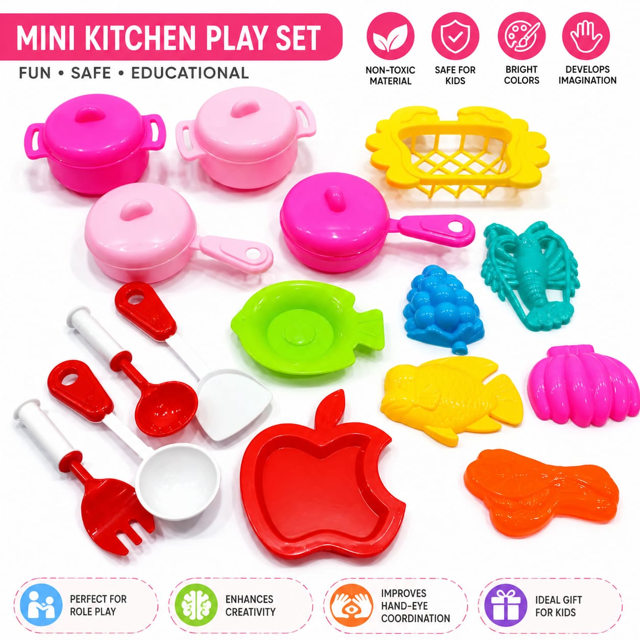 Kids Pretend Play Kitchen Cooking Toy Set with Pots, Pans & Utensils | Colorful Plastic Mini Cookware Set for Boys & Girls
