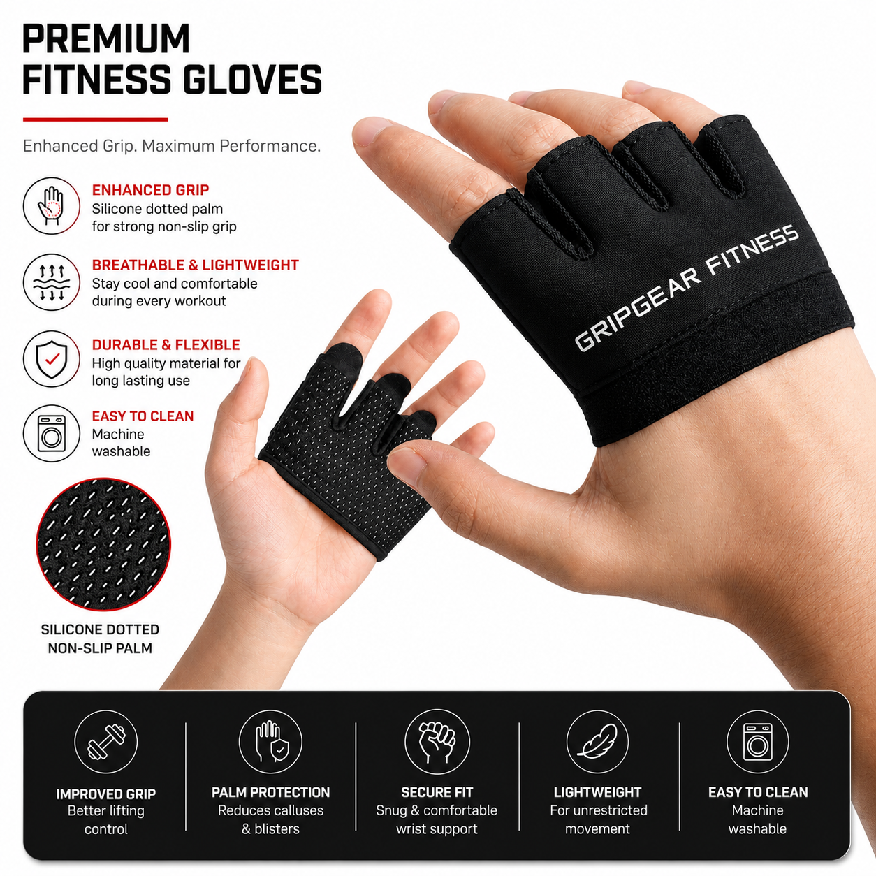 Finger Gloves for Men & Women, Non Slip Palm Grip Workout Gloves for gym, Breathable Weight Lifting Gloves for Gym, Dumbbell, Cycling, Training, Exercise & Fitness â€“ Black Pair