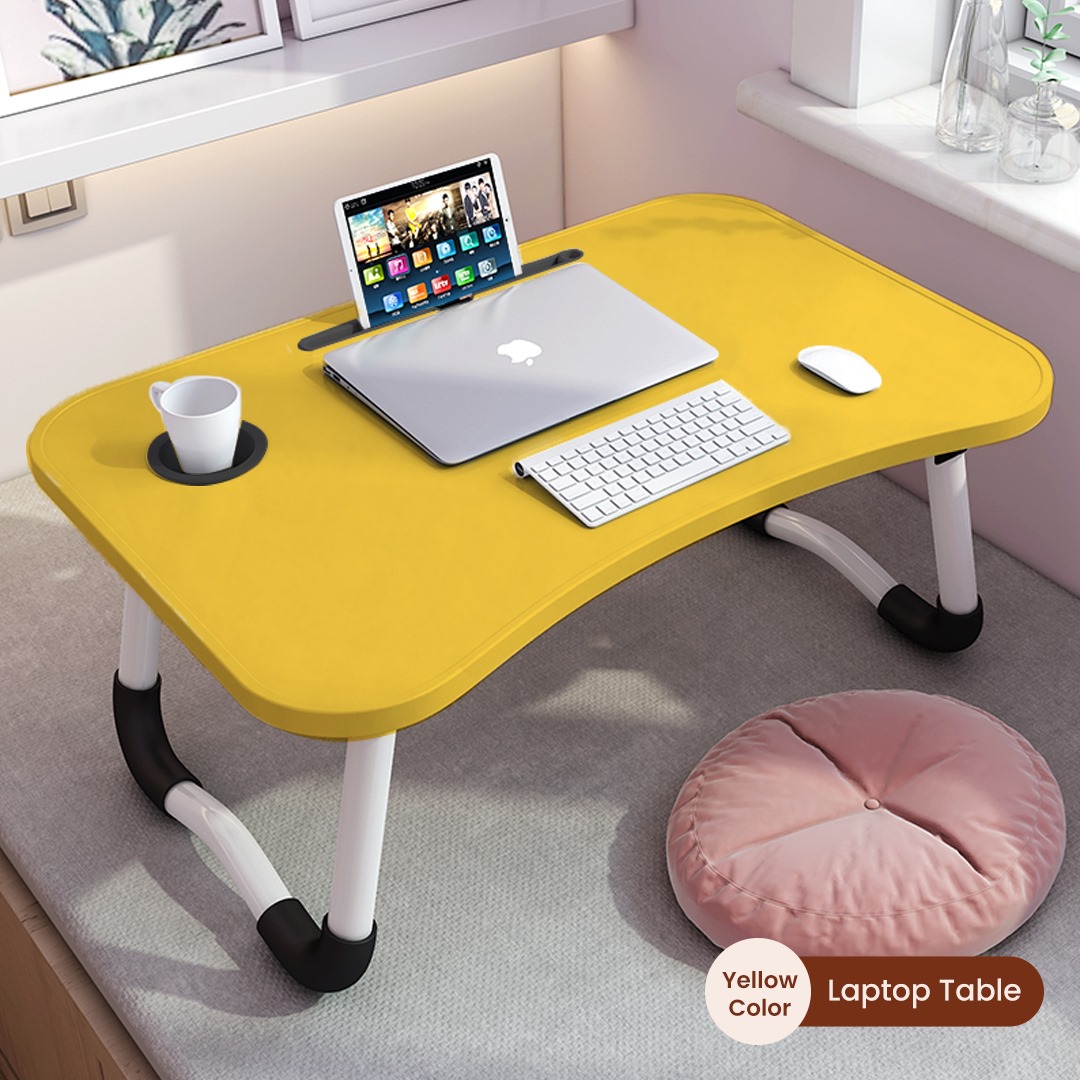 METALLO Wooden Gaming Laptop Table For Bed Foldable Stand Ergonomic Portable Drawing Notebook Reading Food Breakfast Serving With Inbuild Tablet And Cup Holder Slots Couch Black Brown Pink Yellow Green White Blue