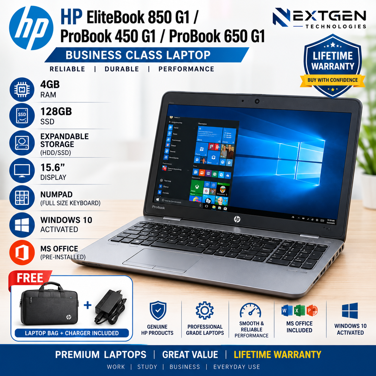 HP EliteBook 850 G1 / ProBook 450 G1 / ProBook 650 G1 Laptop | 4GB RAM | 128GB SSD | Expandable Storage | 15.6 Inch Display | Numpad | Windows 10 Activated | MS Office | Charger | Free Laptop Bag | Li