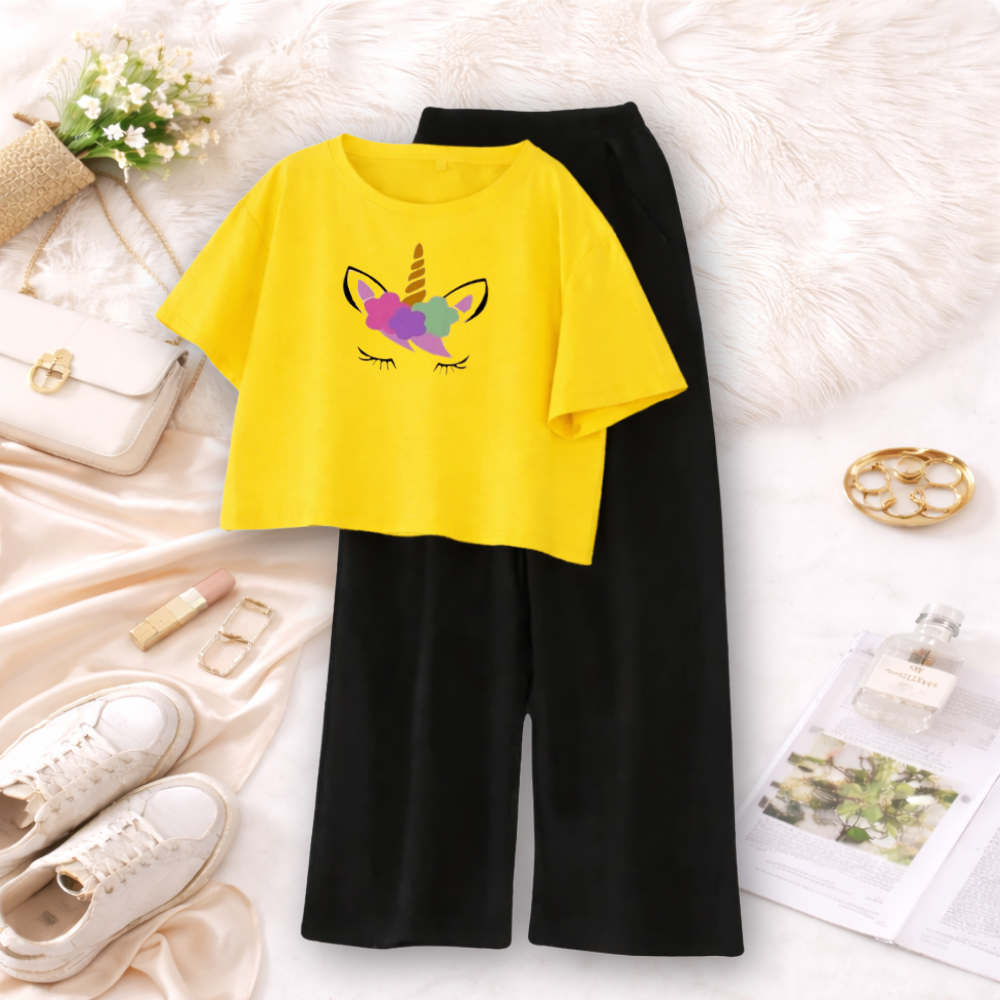 MK Garments - Stylish Unicorn Printed Comfortable 2 Piece Dress Casual Wear for Girls and Women  Crop T-Shirt with Palazzo Trouser