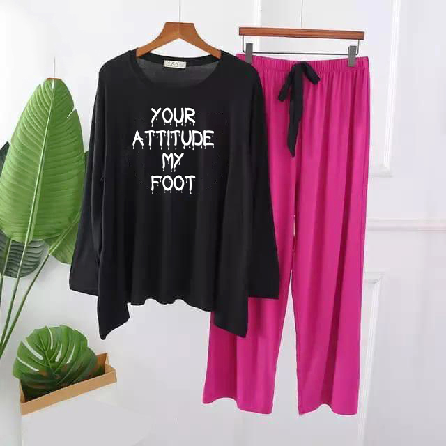 Your Attitude My Foot - Comfy & Cozy 2 Pcs Lounge Wear & Nightwear Suit for Girls & Women | Premium Soft Cotton  Full Sleeves Shirt with Pajama Trouser Set | Casual Home Wear Night Dress - Yellow, Pink, Black Size, women Dress tees long T-shirt & Trouser