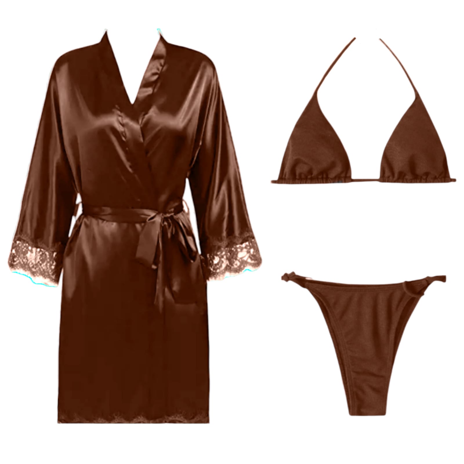 MO MEMON 3-Piece Silk Satin Nighty Set – Bridal Lingerie with Robe