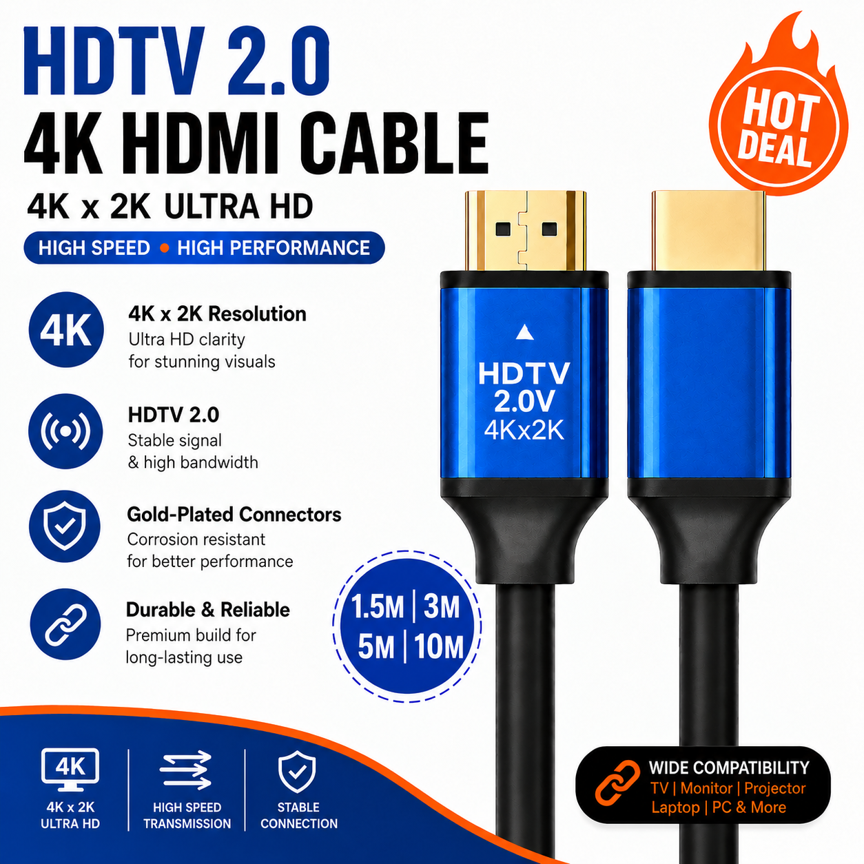 HDMI 2.0 Cable 4K Ultra HD High Speed Gold Plated Connector HDTV 4Kx2K Compatible with TV Laptop Monitor Projector Gaming Console