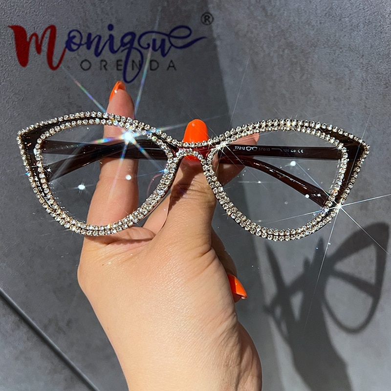 Light Cat eye Glasses Women Luxury Rhinestone Bling optical lenses for