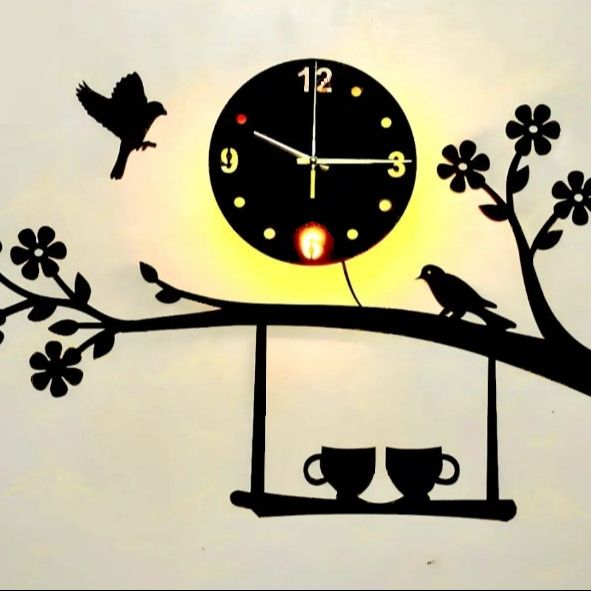 Led Birds & Tea Cup Wooden Wall Clock - Large Silent Modern Home Decor