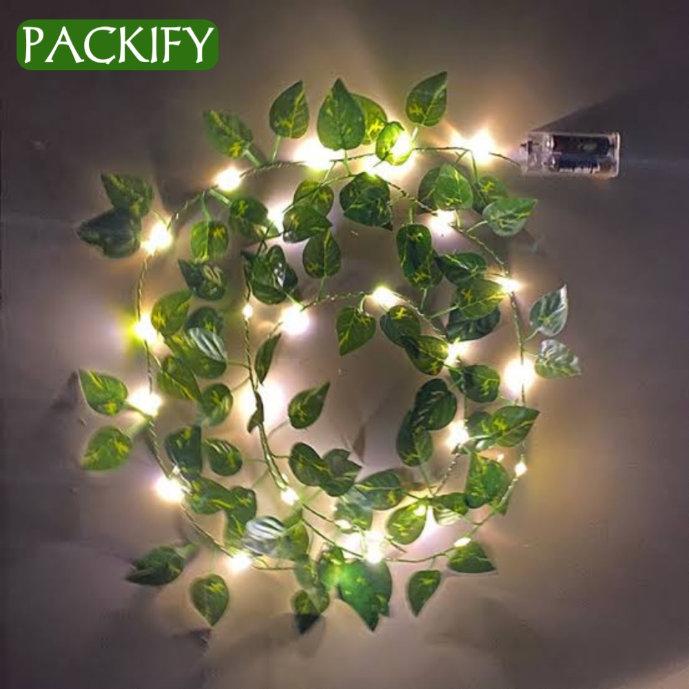 PACKIFY  Artificial Plant Leaves bail with LED Fairy Lights Battery Operated - Money Plant Leaf Lights for room decoration wall Hanging flowers