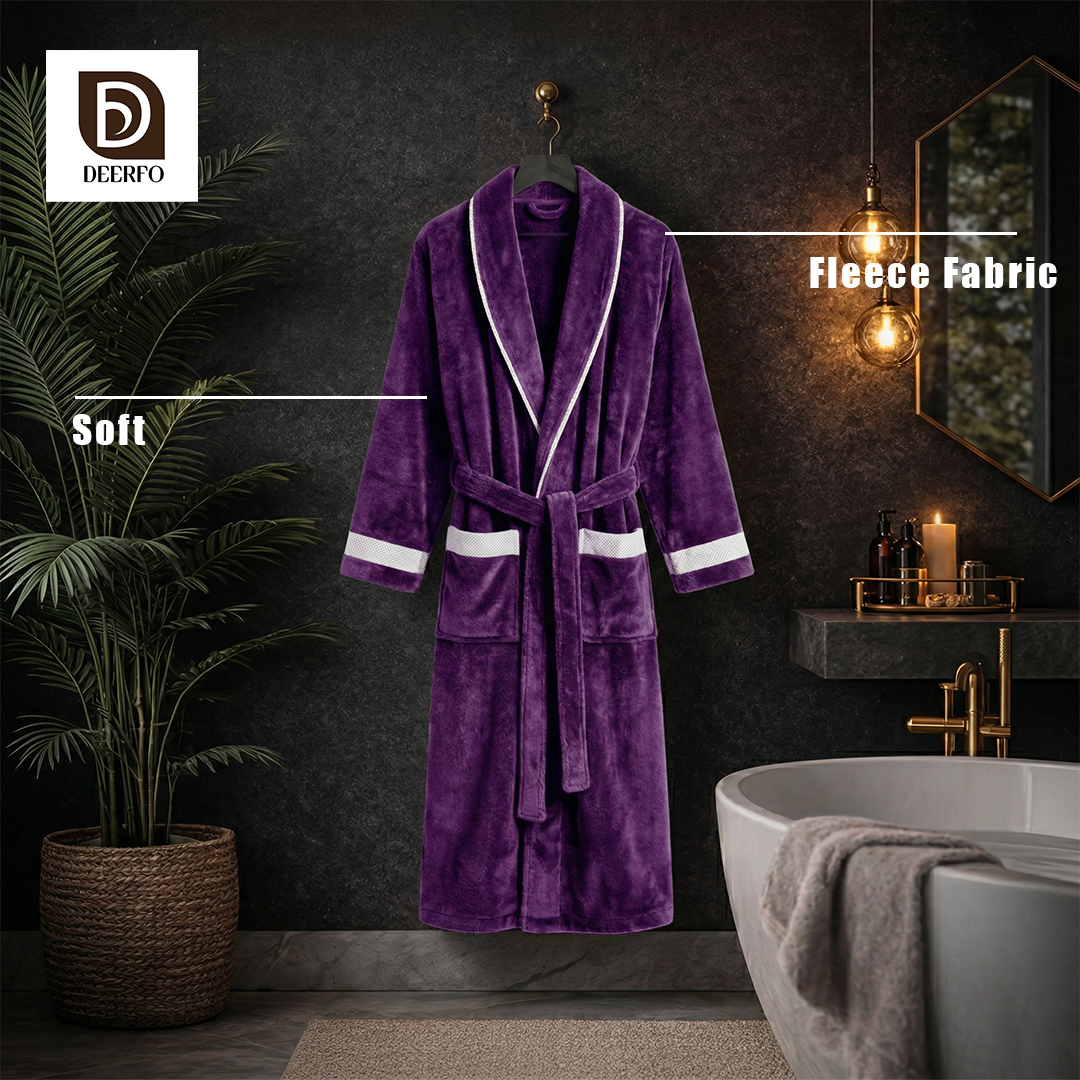 Luxury Purple Fleece Bathrobe – Ultra Soft Winter Dressing Gown with White Contrast Detail – Premium Hotel Quality Warm Loungewear for Men & Women