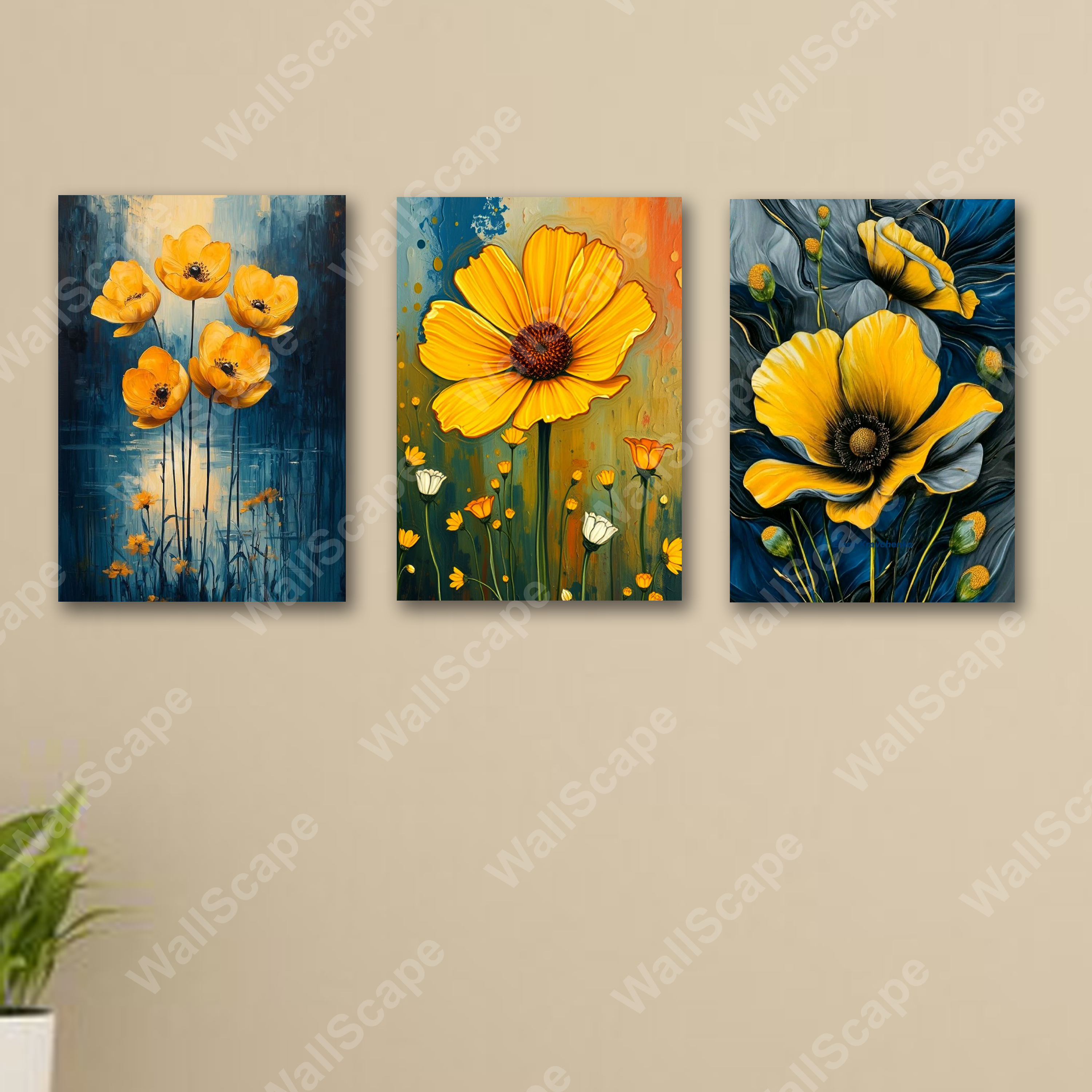 set of 3 blue Yellow Flowers floral trending aesthetic wooden sticky phototile frames for wall decoration