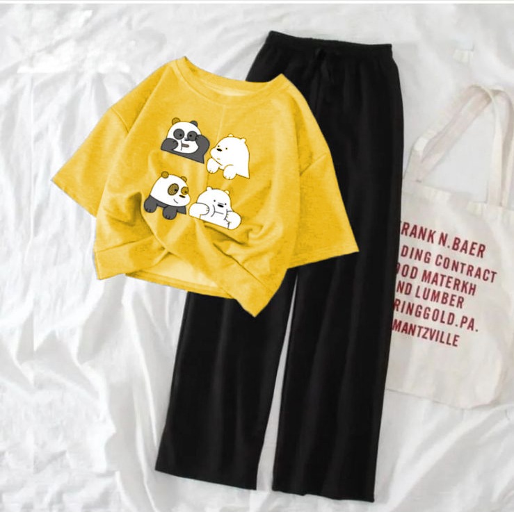 New Women's Cartoon Print Crop Top and Flapper Trouser Set - Comfortable Fashion Top & Wide Leg Pants