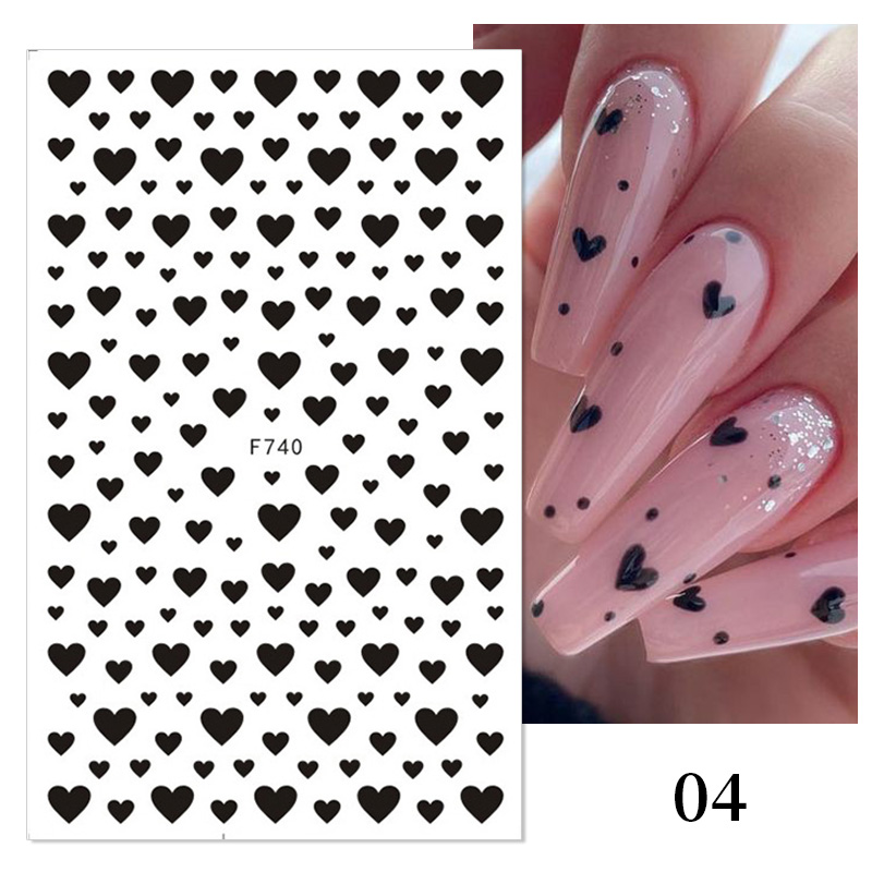 1Sheet 3D Red Heart Laser Nail Sticker Black Letter Star Line Self