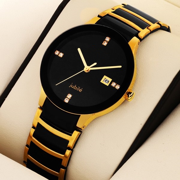Elegant Black/Gold Stainless Steel Quartz Watch with Calligraphy Design for Men and Women