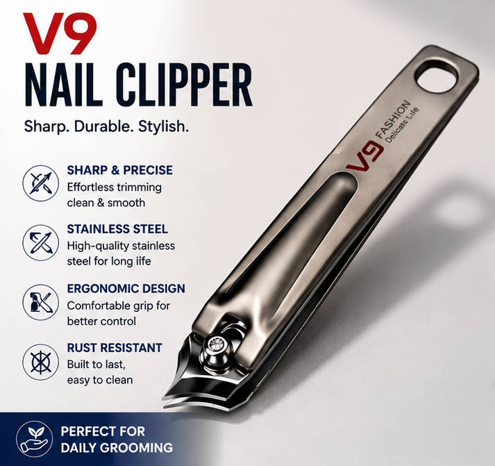 V9 Professional Stainless Steel Nail Clipper with Sharp Curved Cutting Edge | Heavy Duty Nail Cutter for Thick Nails | Ergonomic Comfortable Grip | Rust Resistant Precision Nail Trimmer for Men, Women & Seniors | Single Piece Grooming Tool