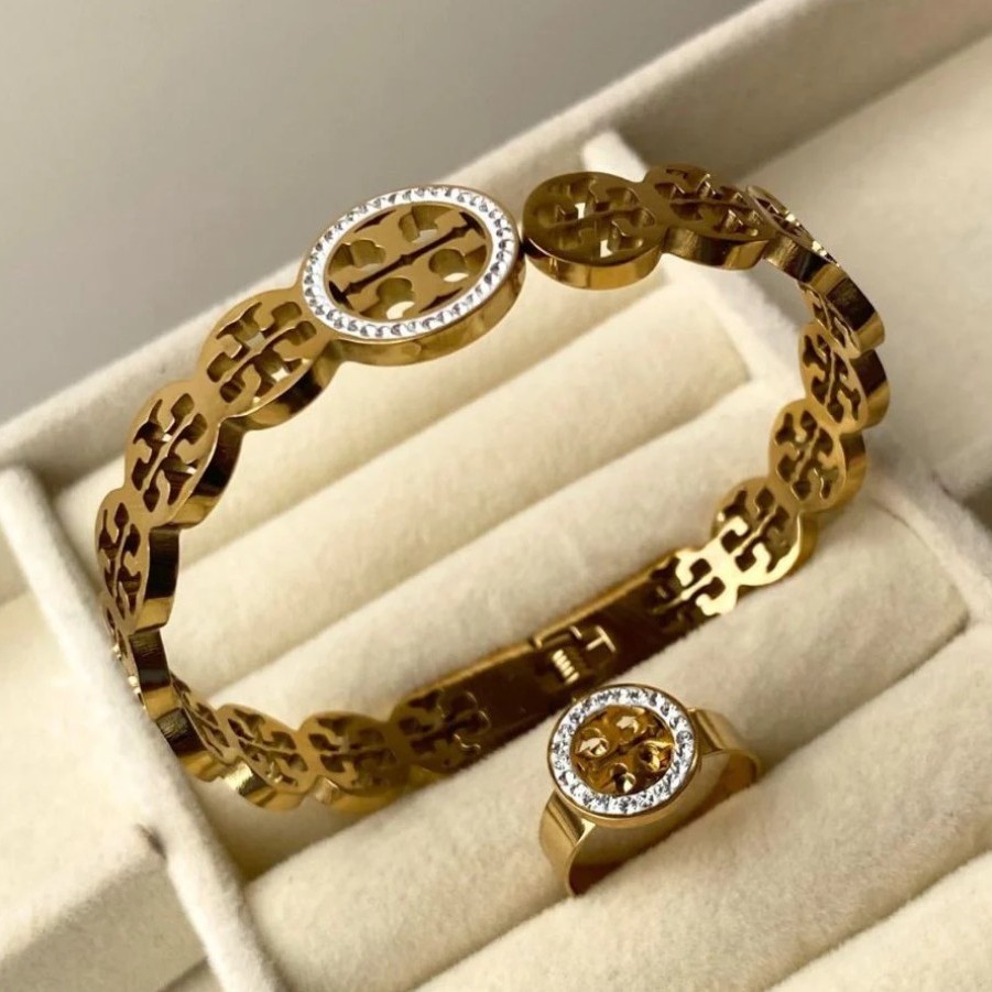 Stainless Steel Tory Burch Stone Bracelet & Ring Set - The Most Demanding Women's Casual Wearing Jewelry Set