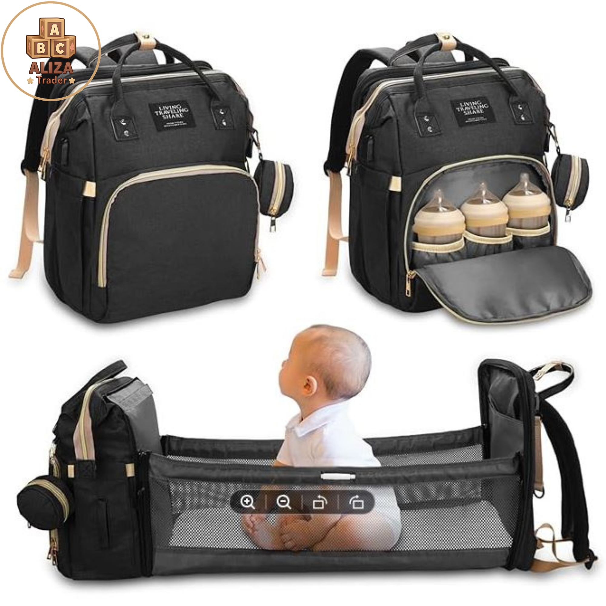 Fashionable & Practical Mommy Bag Large Capacity Diaper Bag with Folding Baby Bed Insulated Milk Bottle Holders Multiple Compartments and Comfortable Double Shoulder Straps for On-the-Go Moms