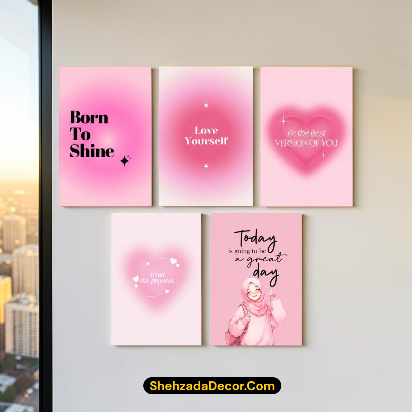 Pink Aesthetic Pink Gradient Aura Sticky MDF Photo Tiles Wall Frame Set of 5 - Self Love & Positive Motivation Quotes Wall Decor for Girls Room - 3.2mm MDF No Drilling No Nail Easy Peel & Stick Photo Frame