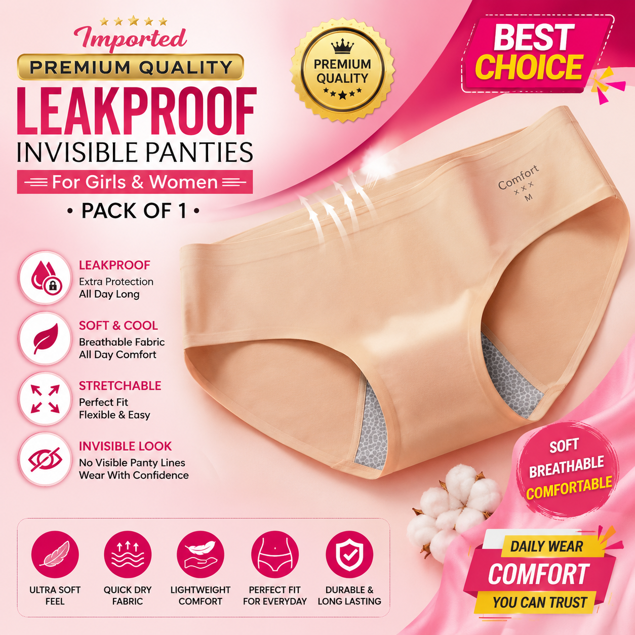 Imported Premium Leakproof Women Panties Invisible Comfortable Brief Pack of 1