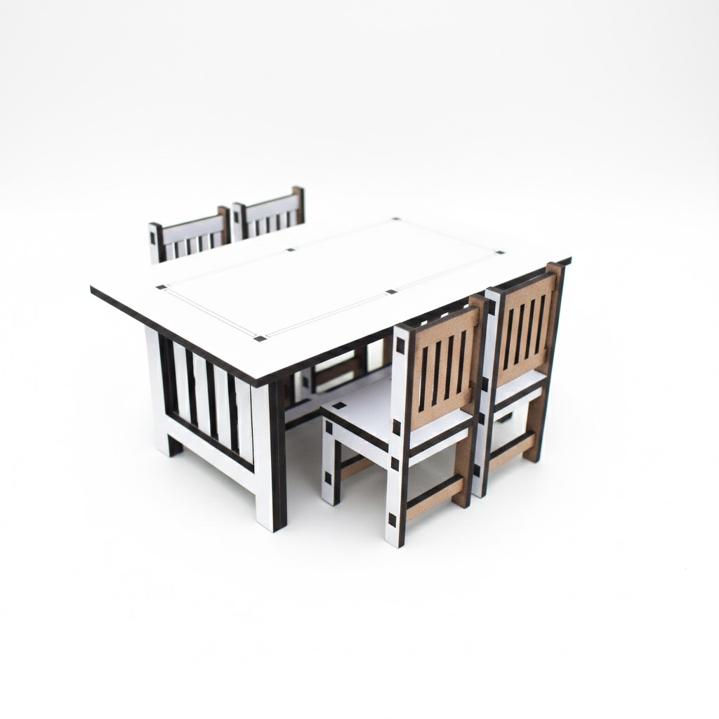 Miniature Wooden Dollhouse Furniture Dining Table Set with Chairs & Kitchen Cabinet | Handmade Mini Home Furniture | Decorative Doll House Furniture for Kids & Home Décor