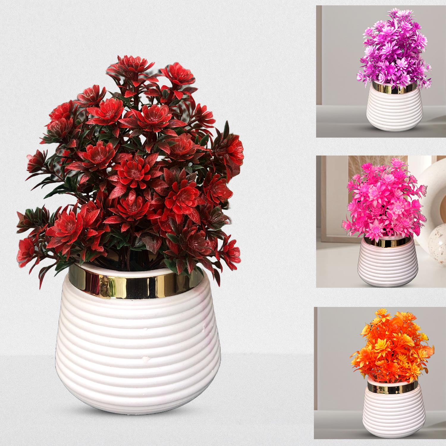 Artificial Pot Decor Potted Flowers Mini Plants with white pot, Natural Lifelike Flowers for Room Indoor Home Office Desk Shelf Decor, 15.50 cm height in 4 colours