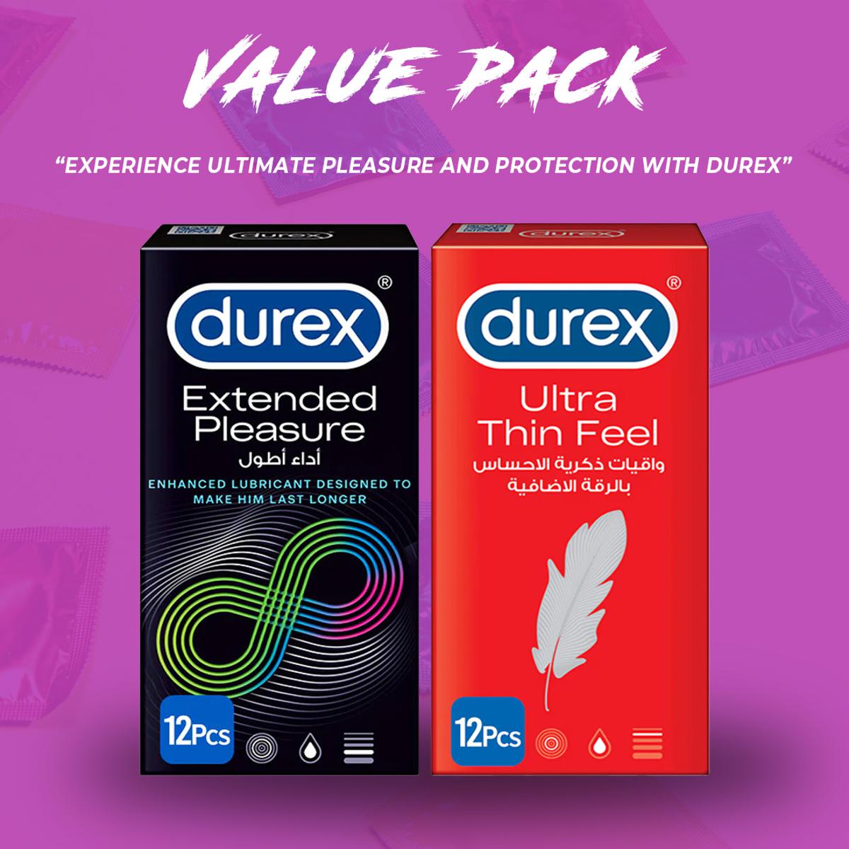 Durex Pack of 2 - Durex Extended Pleasure 12s Condoms + Durex Ultra Thin Feel 12s Condoms
