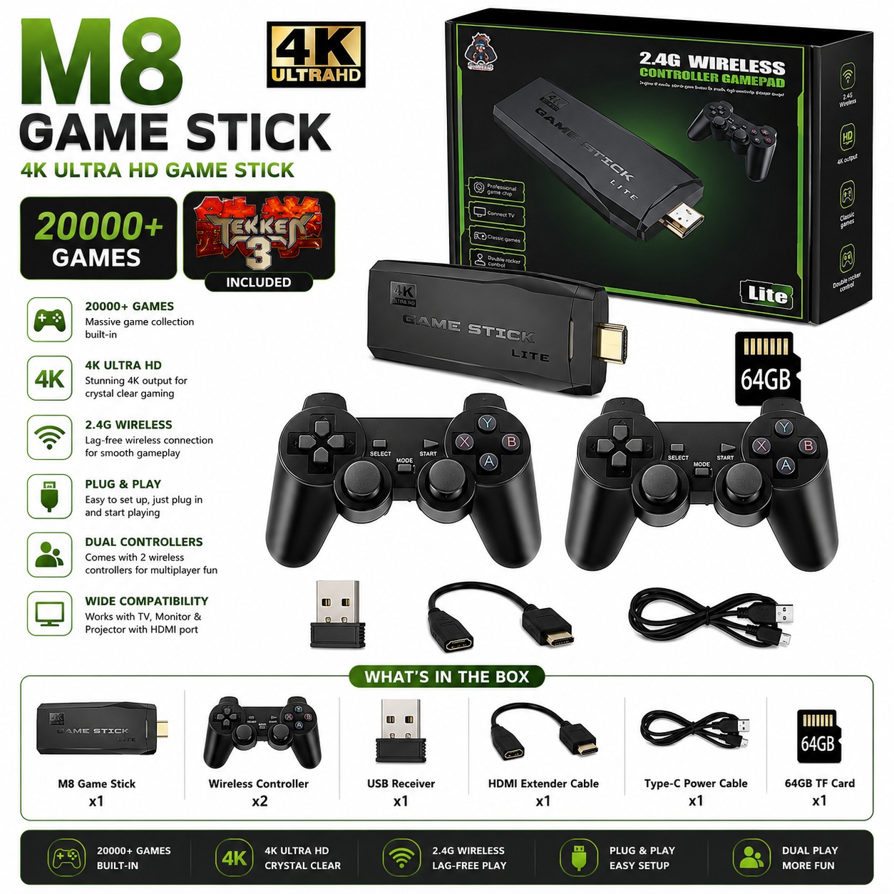 ORIGINAL K8 PRO / M8 / M15 / M22 / X6 / X2 PRO / X2 Plus Wireless Retro Game Console - Plug and Play Video Game Stick - Built in 20000+ Games - 9 Classic Emulators - 4K High Definition HDMI Output for TV with Dual 2.4G Wireless Controllers (64 GB SD Card)