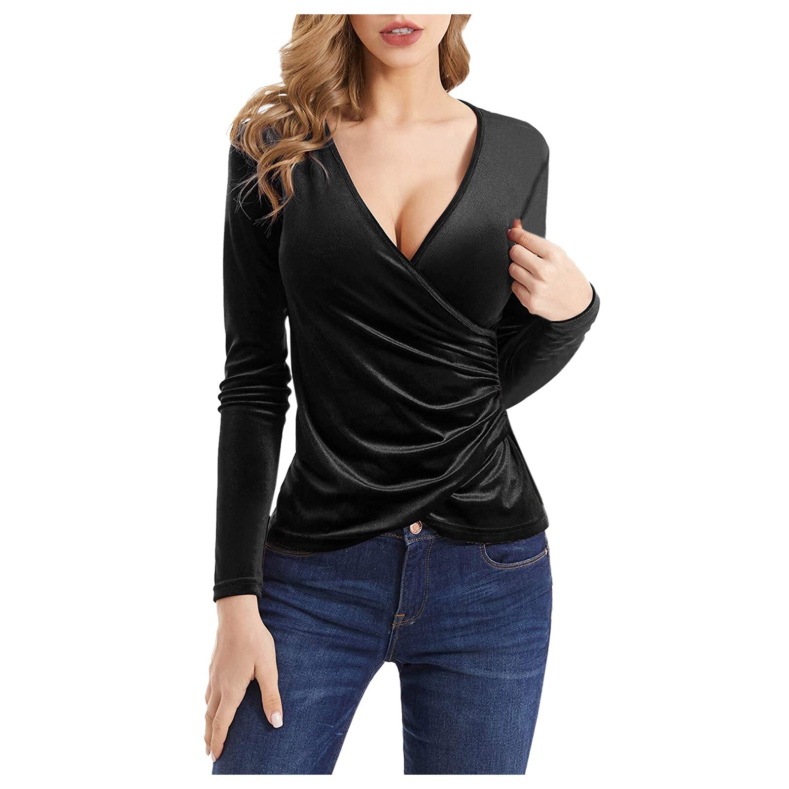 40 Women Velvet Blouse Deep V Neck Harajuku Long Sleeve Unique Shirts Cross Wrap Slim Fit Tee Top Elegant Blouses Daraz.pk