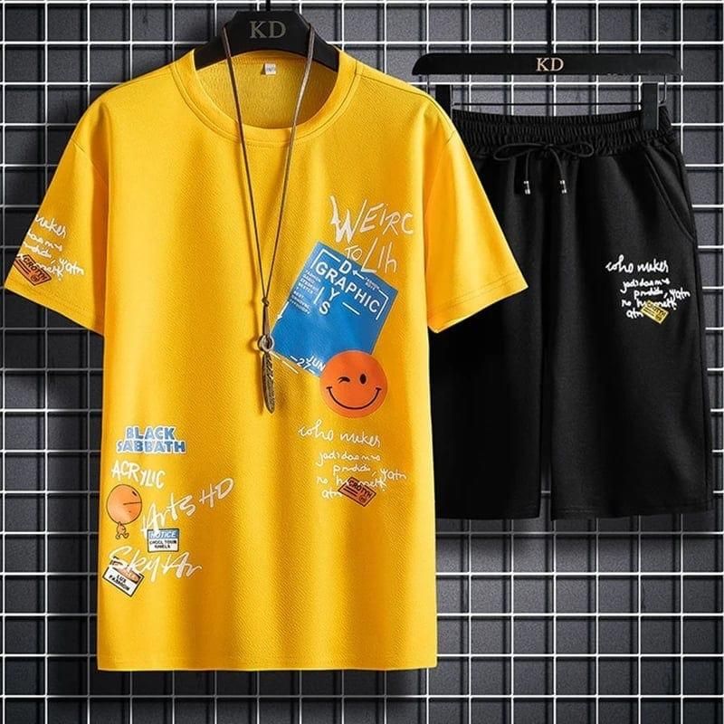 Yellow & black Zig Zag Men Trend Shorts Sportswear Track Suit Clothing Printing T-shirt+Shorts F