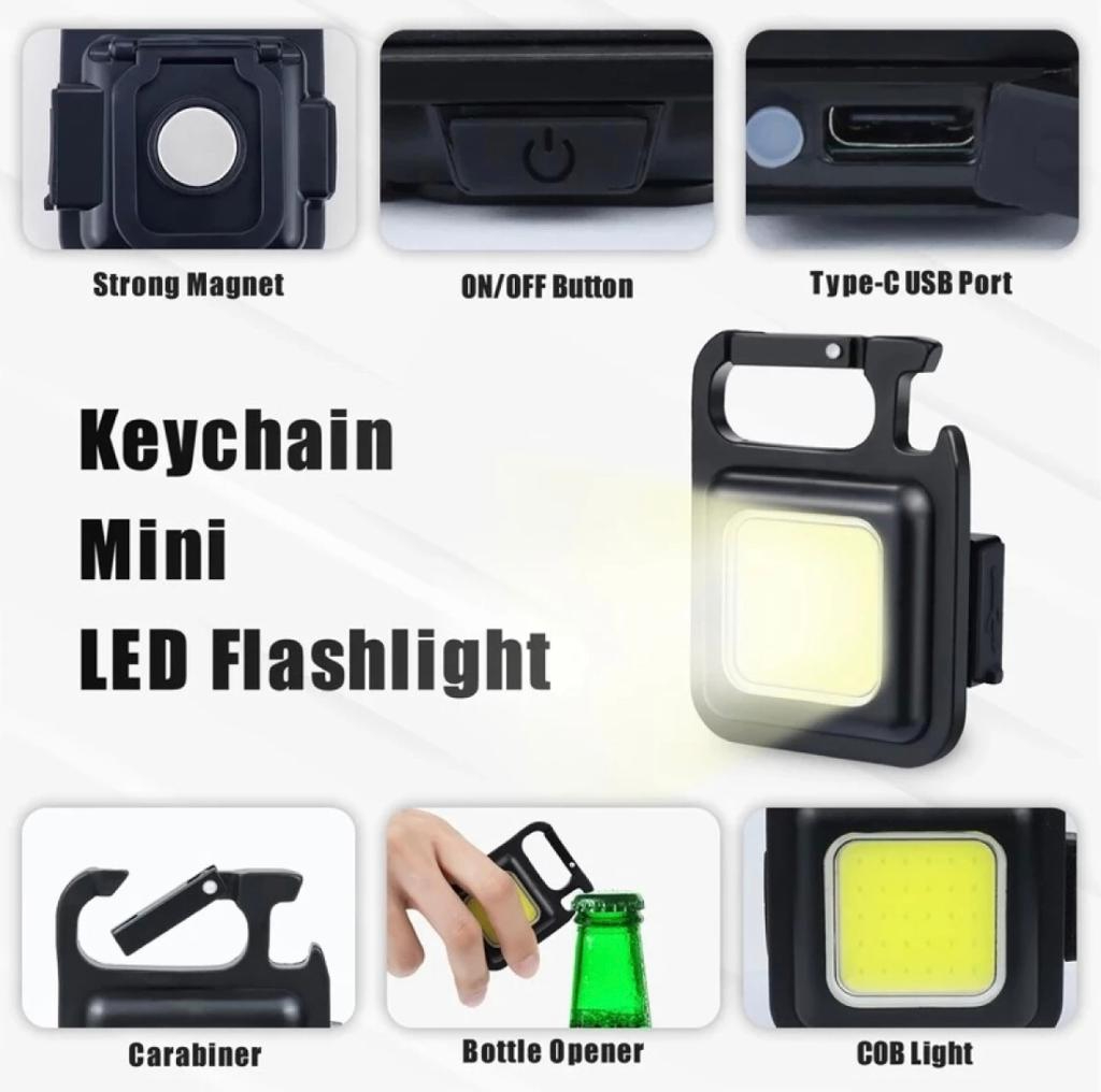 New Multifunction COB Rechargeable Keychain Mini Small High power Flashlight 3 Light Modes Portable Pocket work Light Key chain with Collapsible Folding Bracket Bottle Opener and Strong Magnet Base for Fishing Walking,Outdoor Recreation Hiking and Camping
