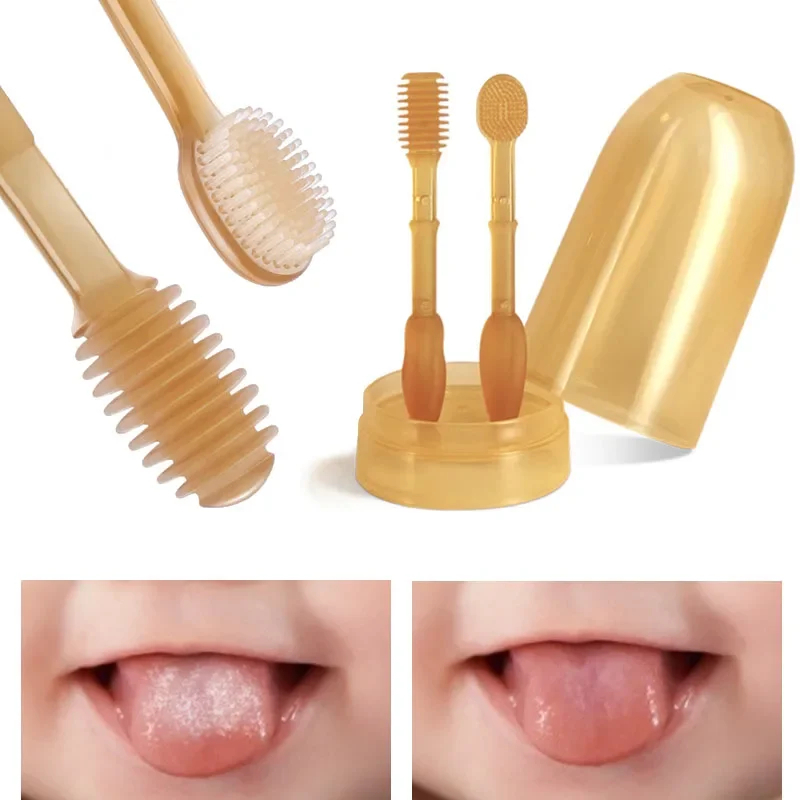 set of 2 Baby Silicone Toothbrush Set, Toothbrush + Tongue Brush + Baby Teether +  Cup for Training Teething, 0-18M Infant Toddler Newborn Baby Teeth Brushes