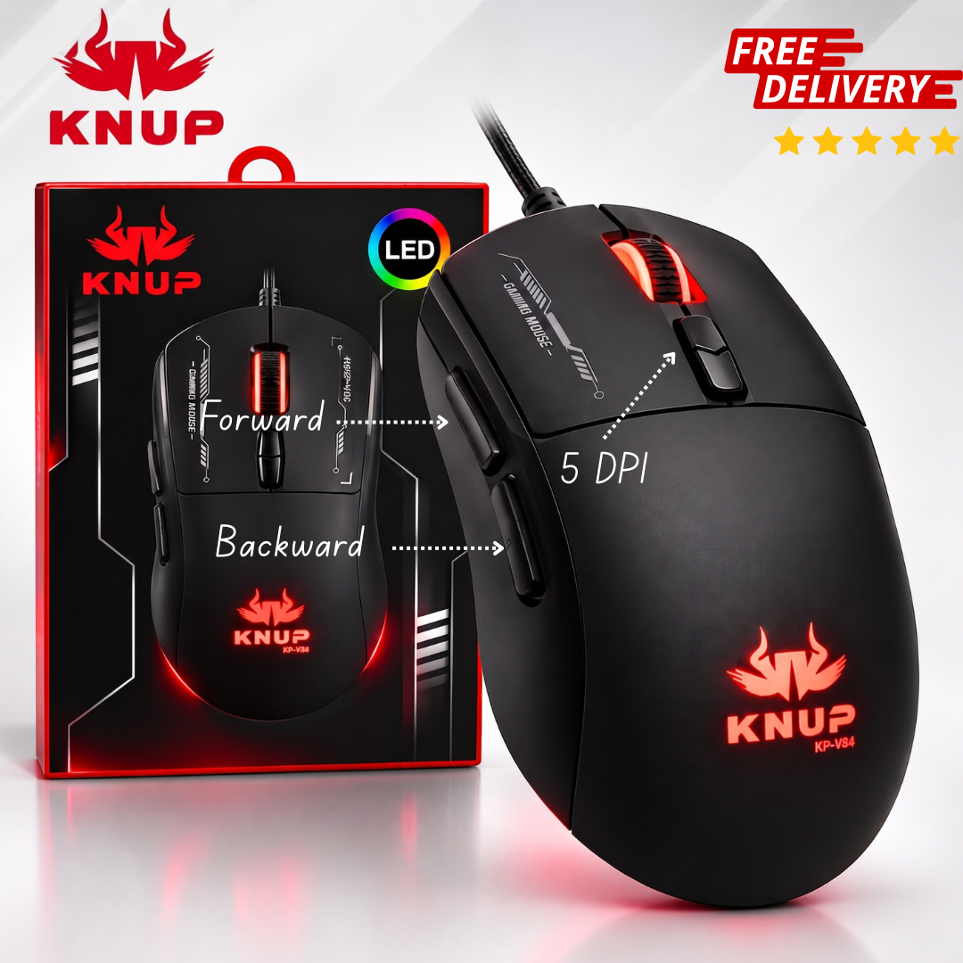 Original KNUP  Wired RGB Gaming Mouse - 6 Buttons with 5 DPI Levels LED Light Black & White with Free Mouse pad for Laptop PC Smart TV Gaming & Office Use Price in Pakistan By Panorama