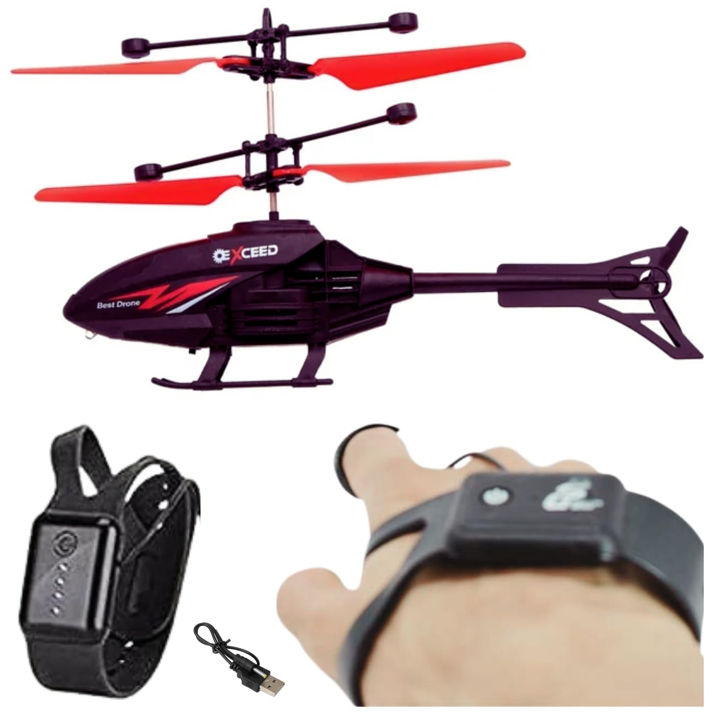 RC Induction Flying Helicopter with Hand Watch Remote – Infrared Sensor Aircraft, USB Rechargeable, LED Lights – Perfect for Kids