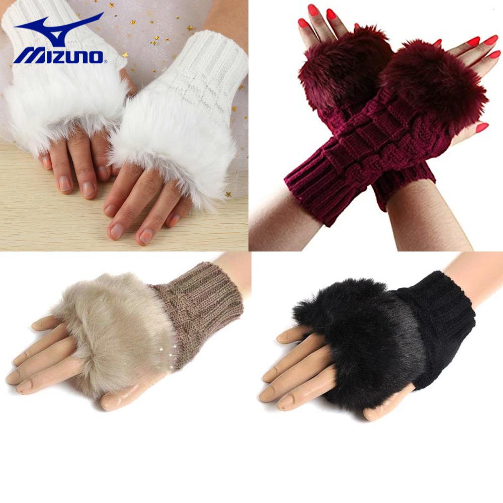 MIZUNO Fashion Women Faux Rebbit Fur Gloves Hand Wrist Warmer Winter Fingerless Knitted Gloves Half finger gloves