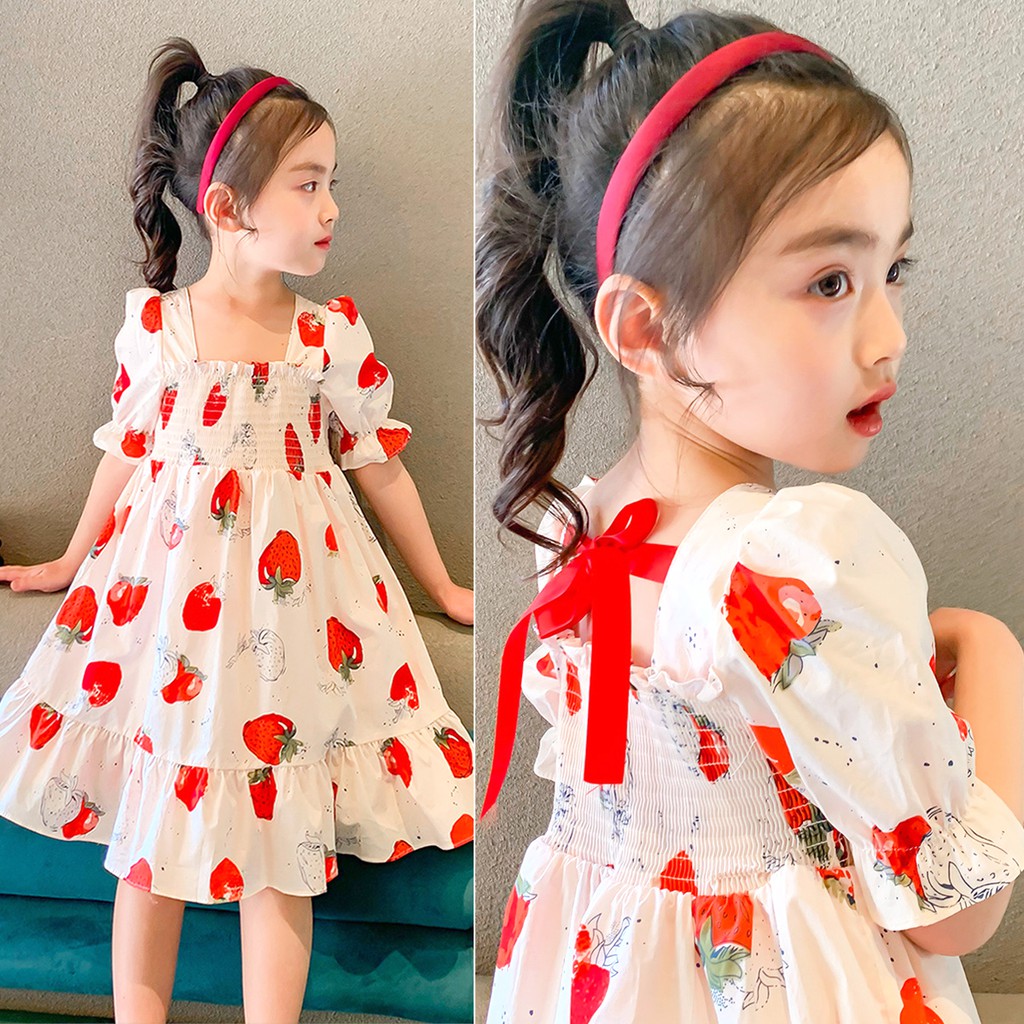 Lovekids Dress For Kids Girl 1-5-6 Years Old Puff Sleeve Strawberry Dress  Holiday Sweet Backless Bowknot Princess Dress