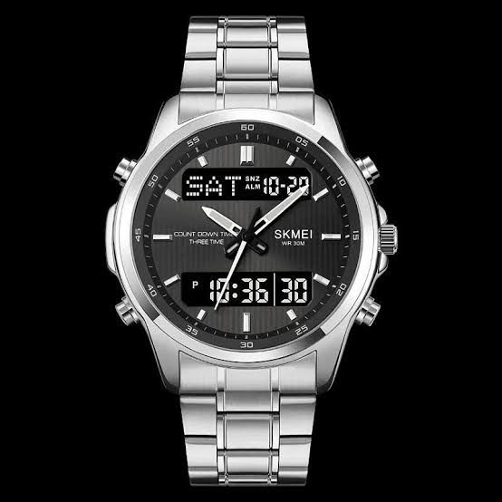 Premium Dual Time Men’s Digital Analog Watch – Steel Chain, Water Resistant, Full Function Display