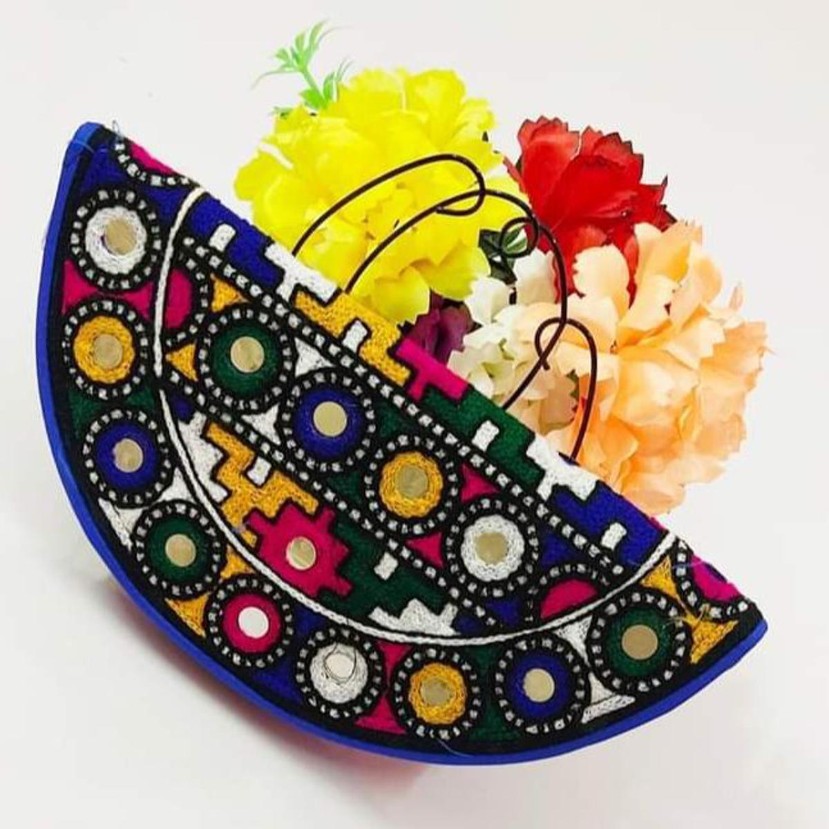 Traditional Half Moon Shaped Clutch Purse Size 9x5 Inches Hand Made Embroidery Mirror Work Pakistani Sindhi Handicraft for Females